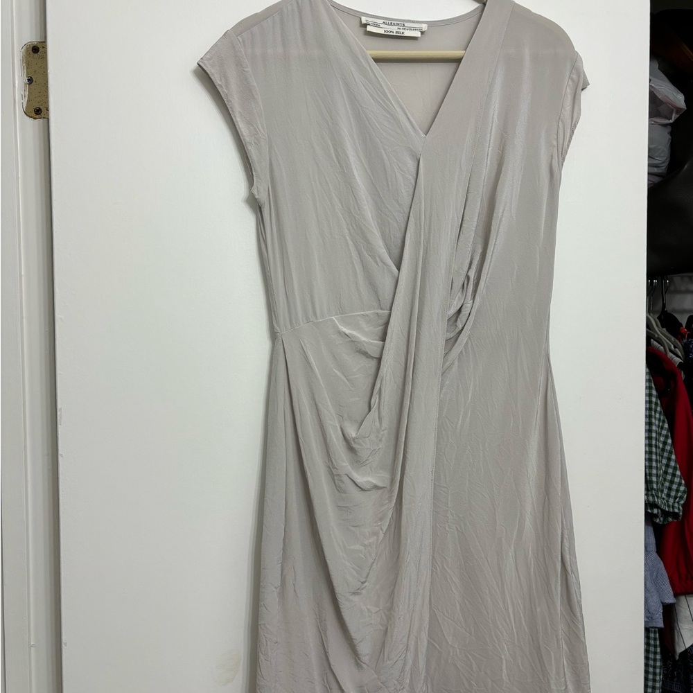 AllSaints drapey grey silk crepe de chine cocktail dress